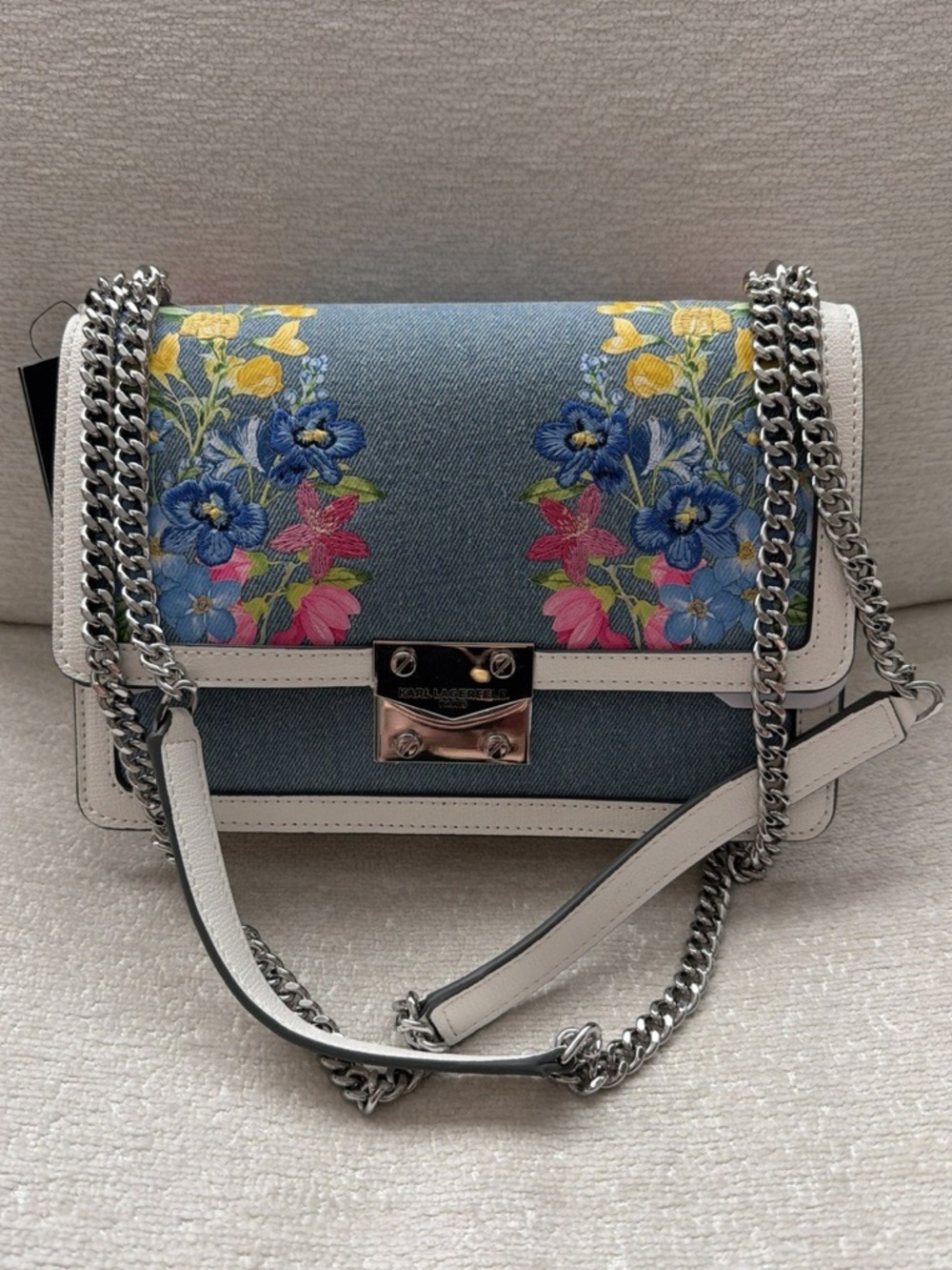 Karl Lagerfeld Paris Floral Embroidered Shoulder/crossbody Bag denim brand new - Picture 2 of 11